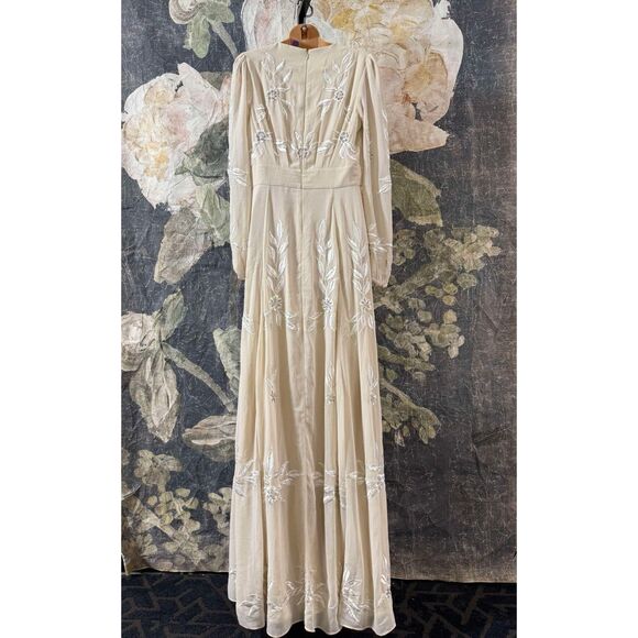 New Anthropologie BHLDN Belize Embroidered A-Line Long-Sleeve V-Neck Gown Sz 12 - Picture 6 of 10